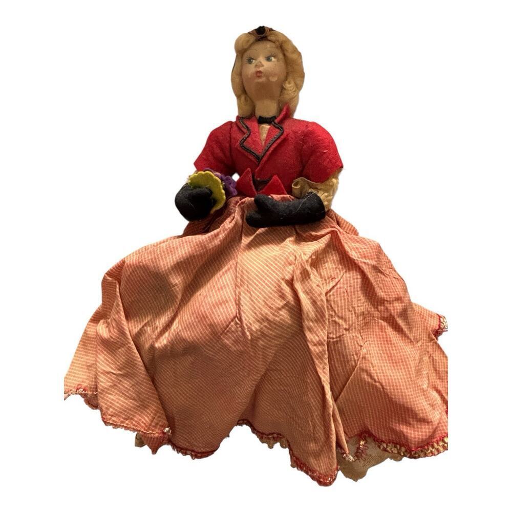 Edwardian Folk Art Cloth Stump Toy Doll Hand painted Dress Hat Bouquet